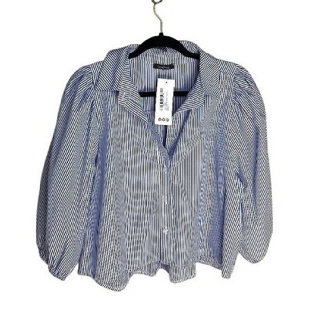 Boohoo Blue White Striped Puff Sleeve Button Down Shirt Blouse‎